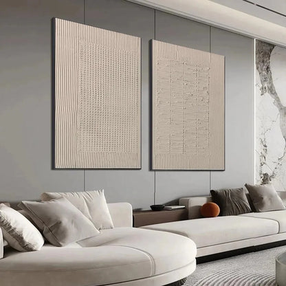 TEXTURED GRID DUO: Set of 2 Textured Abstract Paintings in Beige | gold frame stretched on neutral wall