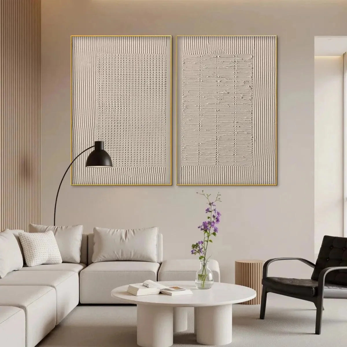 TEXTURED GRID DUO: Set of 2 Textured Abstract Paintings in Beige | rolled canvas, ready for custom framing