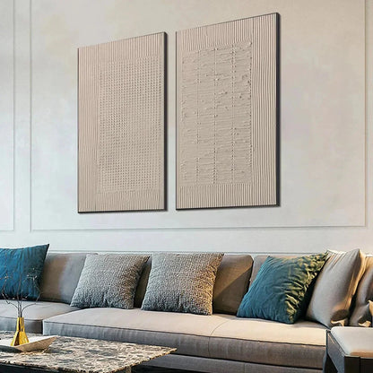 TEXTURED GRID DUO: Set of 2 Textured Abstract Paintings in Beige | black frame version on white wall