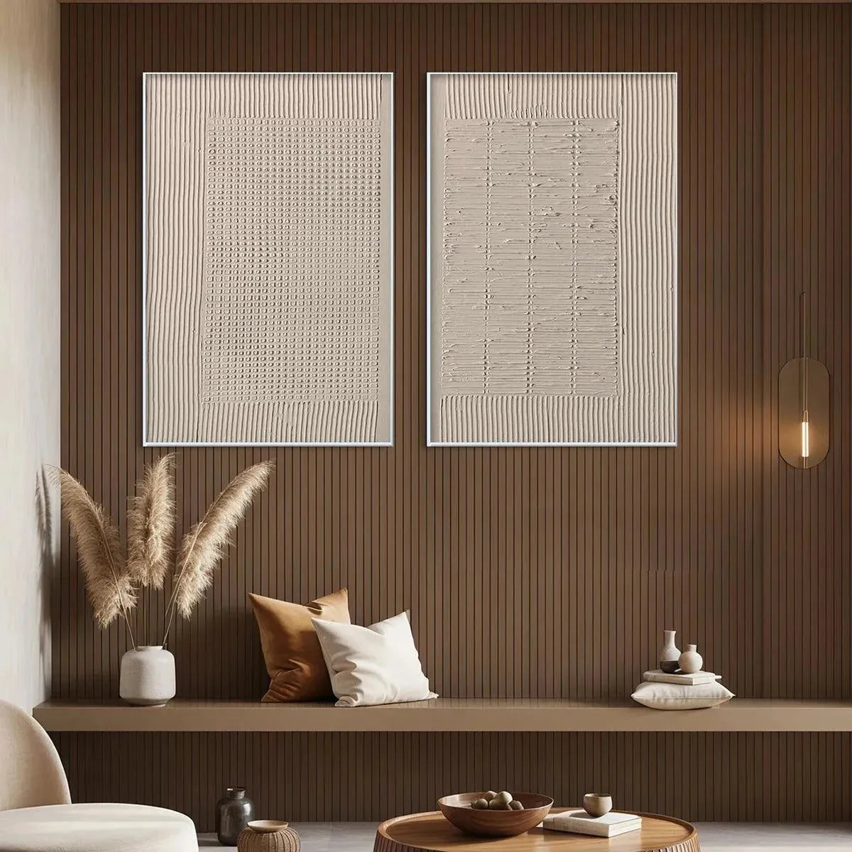 TEXTURED GRID DUO: Set of 2 Textured Abstract Paintings in Beige | Abstract mood, soft natural light studio shot