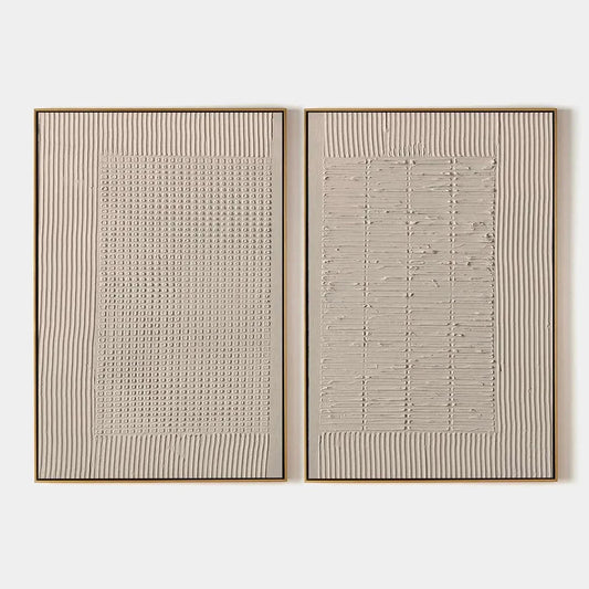 TEXTURED GRID DUO: Set of 2 Textured Abstract Paintings in Beige | hanging in living room, Abstract wall art