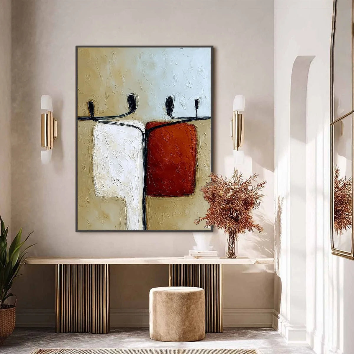 UNITY: Textured Abstract Figurative Painting of Human Connection | black frame version on white wall