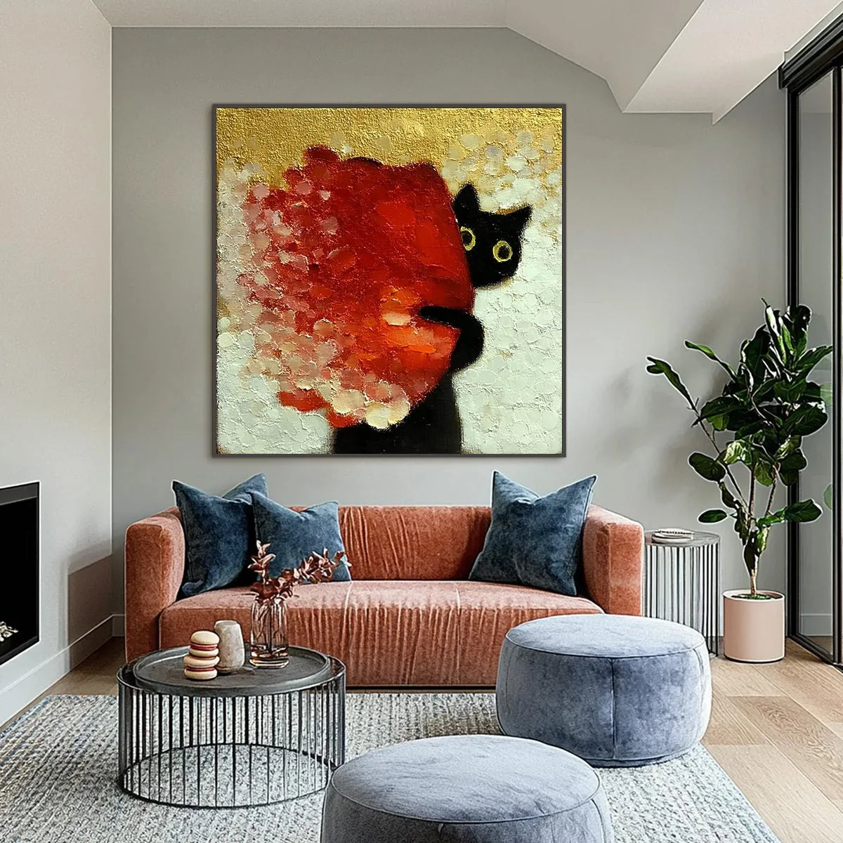 PEEKABOO: Textured Impasto Black Cat and Red Flower Painting | Abstract closeup, raised brushwork detail