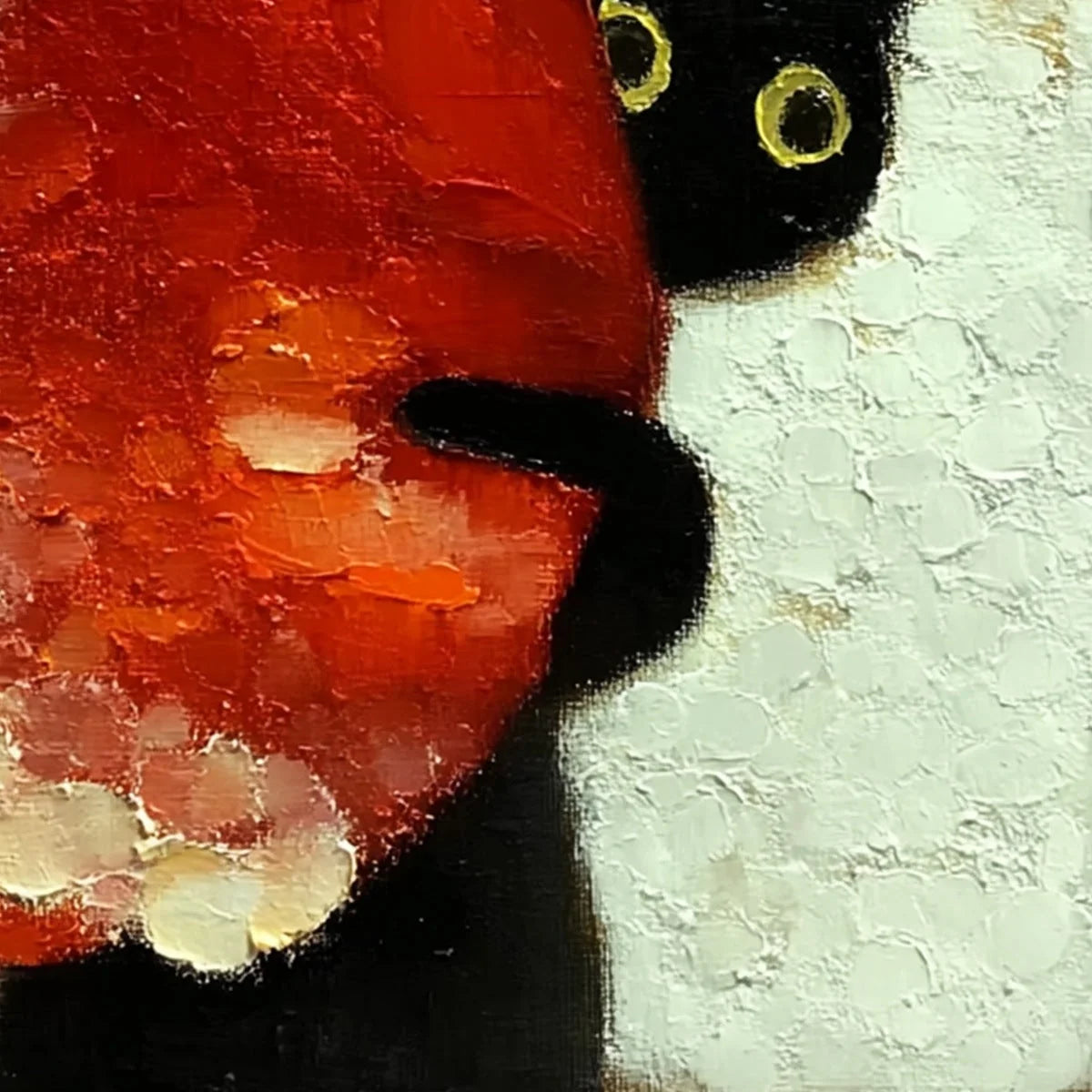 PEEKABOO: Textured Impasto Black Cat and Red Flower Painting | rectangular format, hand-painted canvas edge