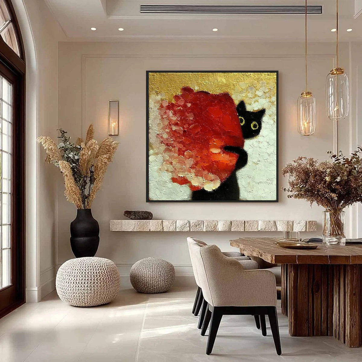 PEEKABOO: Textured Impasto Black Cat and Red Flower Painting | gold frame stretched on neutral wall