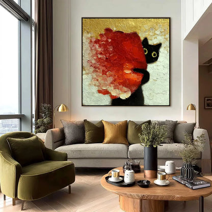 PEEKABOO: Textured Impasto Black Cat and Red Flower Painting | black frame version on white wall