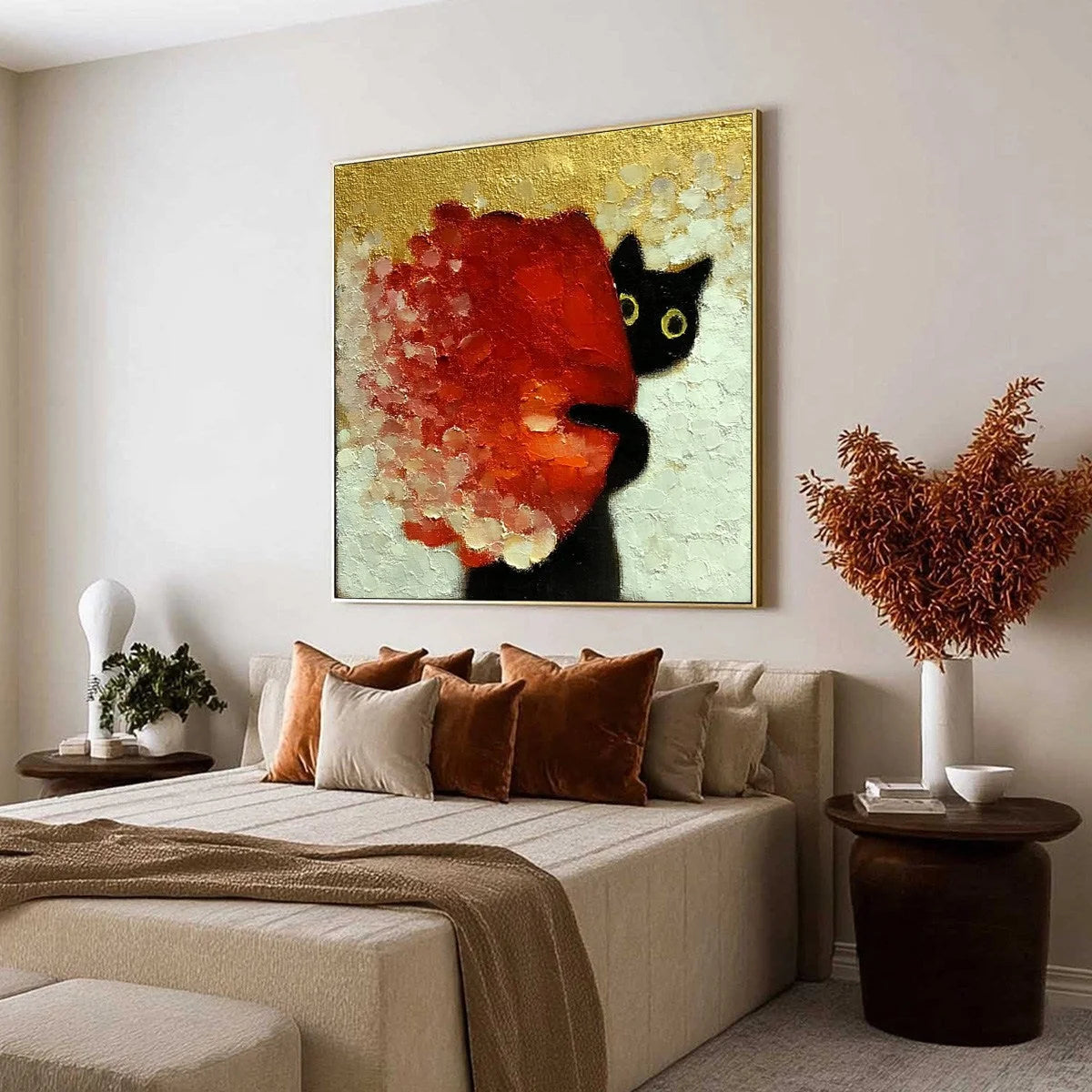 PEEKABOO: Textured Impasto Black Cat and Red Flower Painting | Abstract mood, soft natural light studio shot