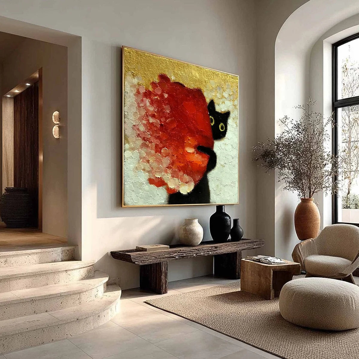 PEEKABOO: Textured Impasto Black Cat and Red Flower Painting | multi-color palette, original oil on stretched canvas art