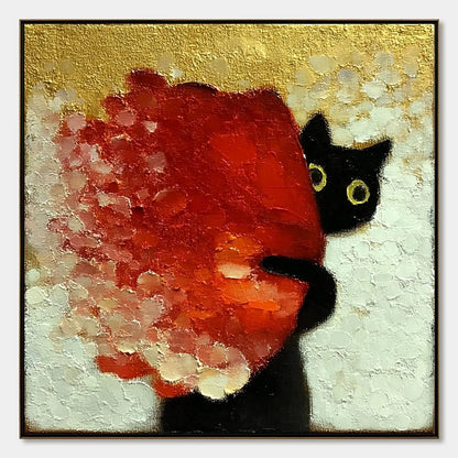PEEKABOO: Textured Impasto Black Cat and Red Flower Painting | hanging in living room, Abstract wall art