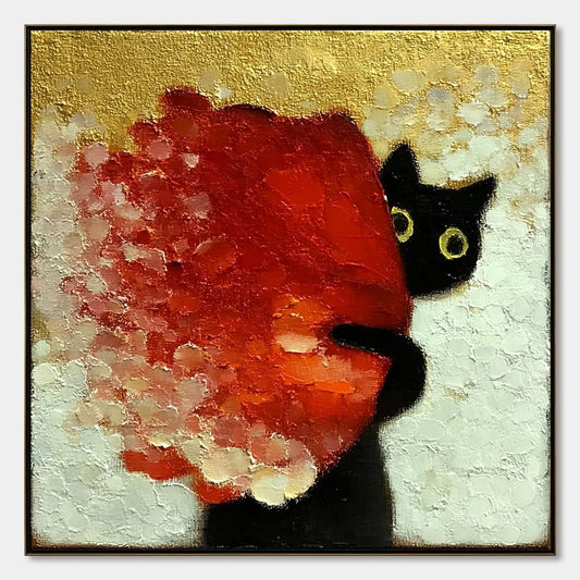 PEEKABOO: Textured Impasto Black Cat and Red Flower Painting | hanging in living room, Abstract wall art