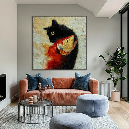 THE GOLDEN CATCH: Textured Impasto Painting of a Cat and Fish | Abstract closeup, raised brushwork detail