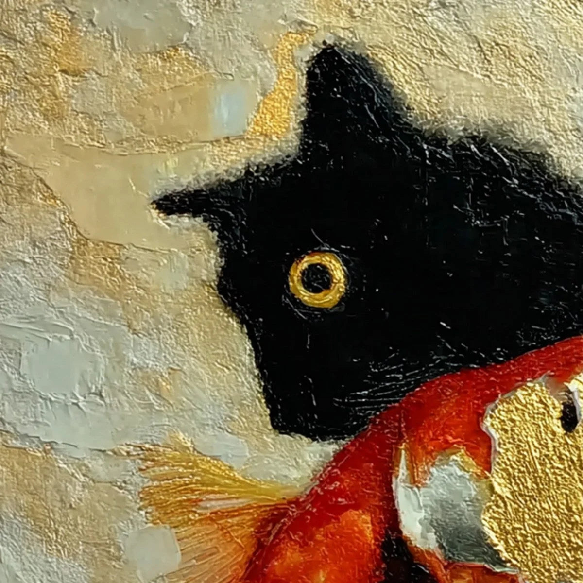 THE GOLDEN CATCH: Textured Impasto Painting of a Cat and Fish | rectangular format, hand-painted canvas edge