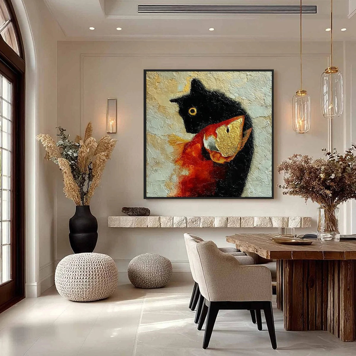 THE GOLDEN CATCH: Textured Impasto Painting of a Cat and Fish | gold frame stretched on neutral wall