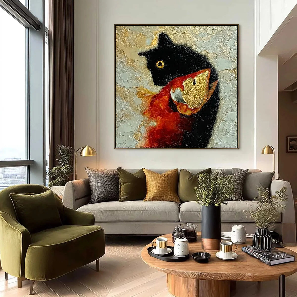 THE GOLDEN CATCH: Textured Impasto Painting of a Cat and Fish | black frame version on white wall