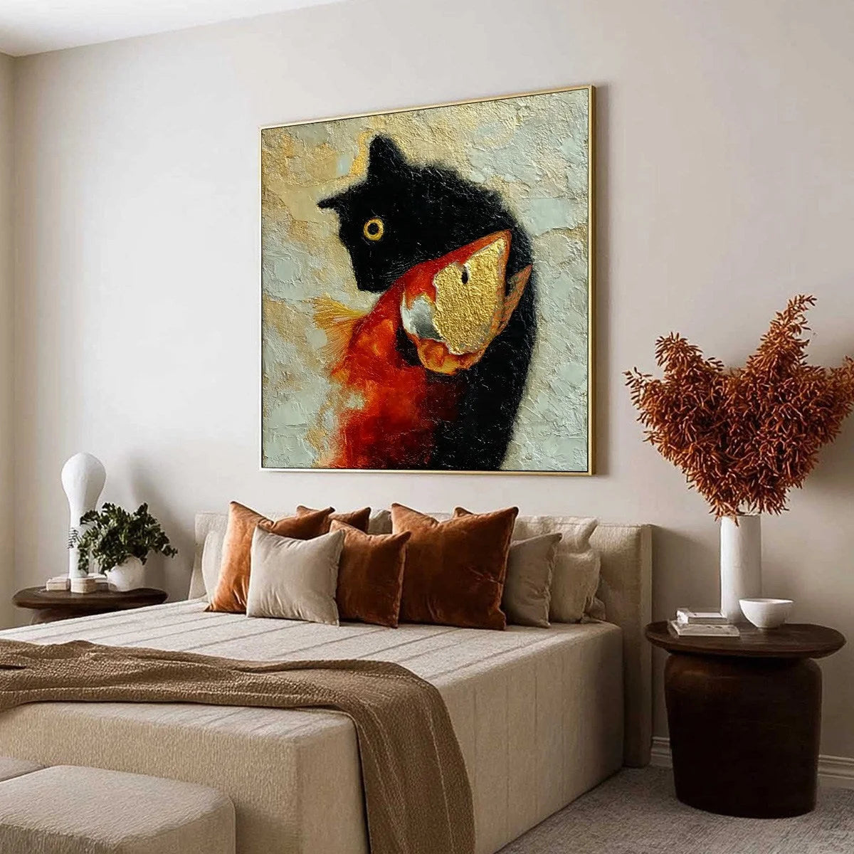 THE GOLDEN CATCH: Textured Impasto Painting of a Cat and Fish | Abstract mood, soft natural light studio shot