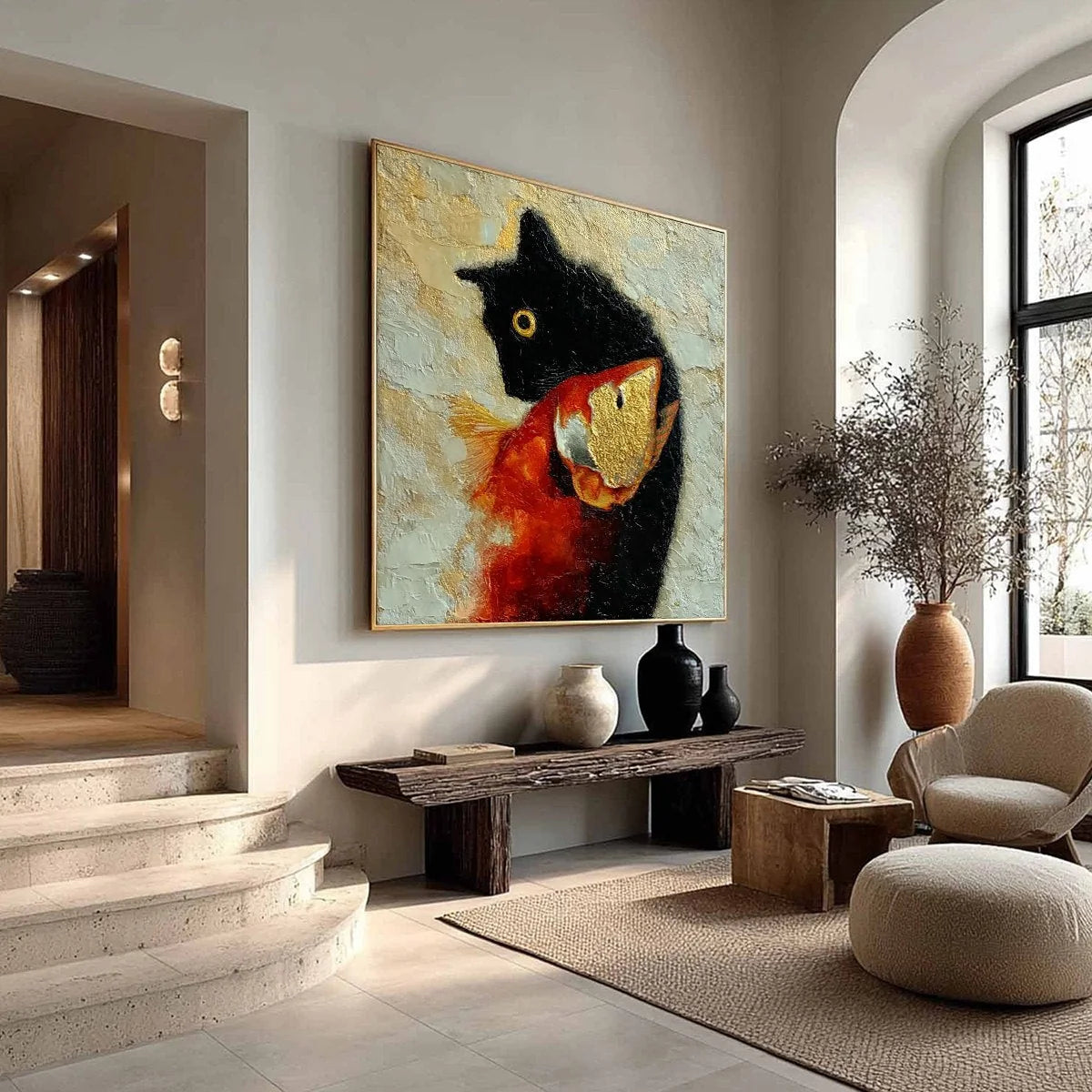 THE GOLDEN CATCH: Textured Impasto Painting of a Cat and Fish | yellow palette, original oil on stretched canvas art