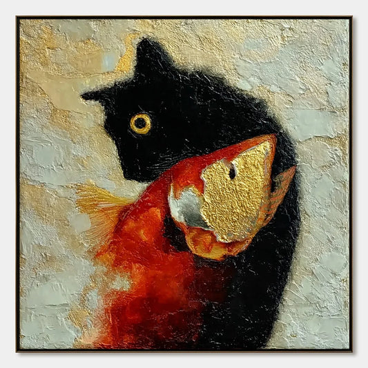 THE GOLDEN CATCH: Textured Impasto Painting of a Cat and Fish | hanging in living room, Abstract wall art