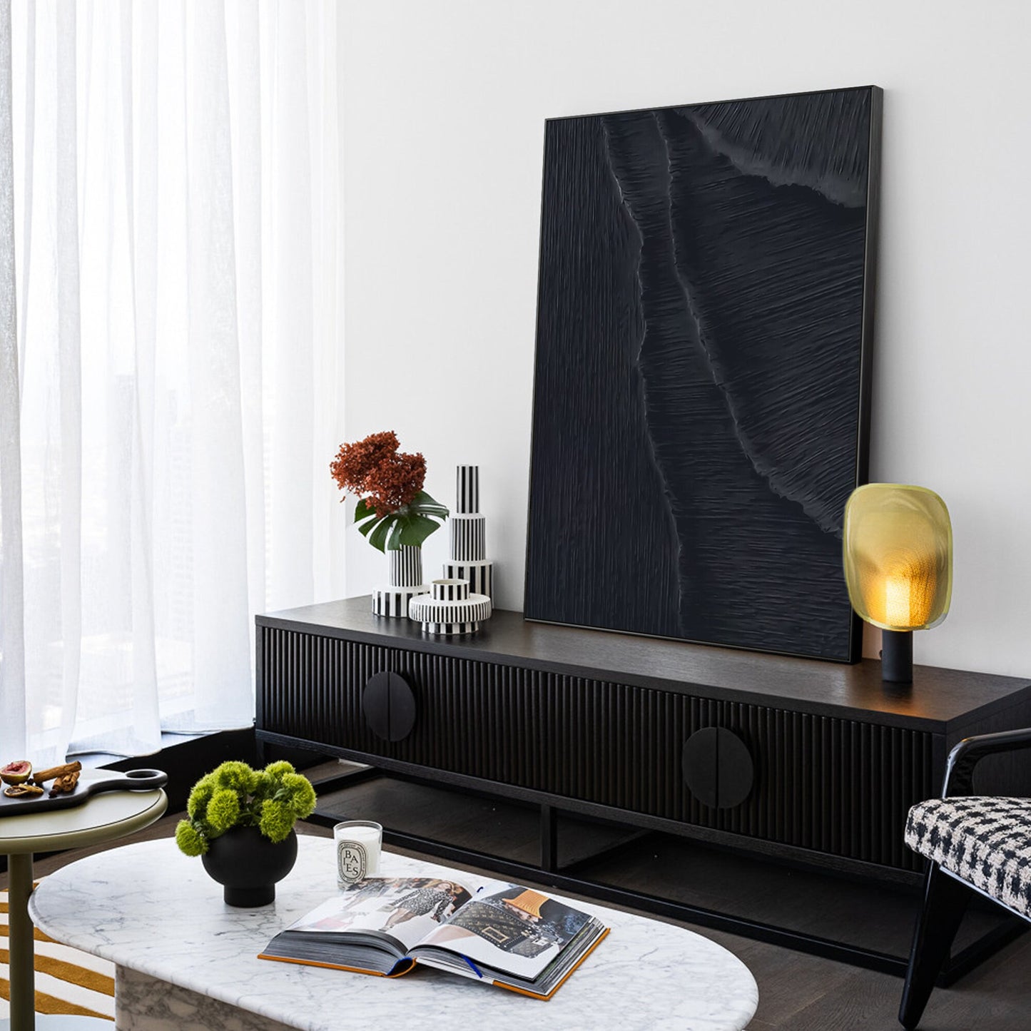 Textured Matte Black Sea Waves Painting: Extra Large Minimalist Framed Canvas #2