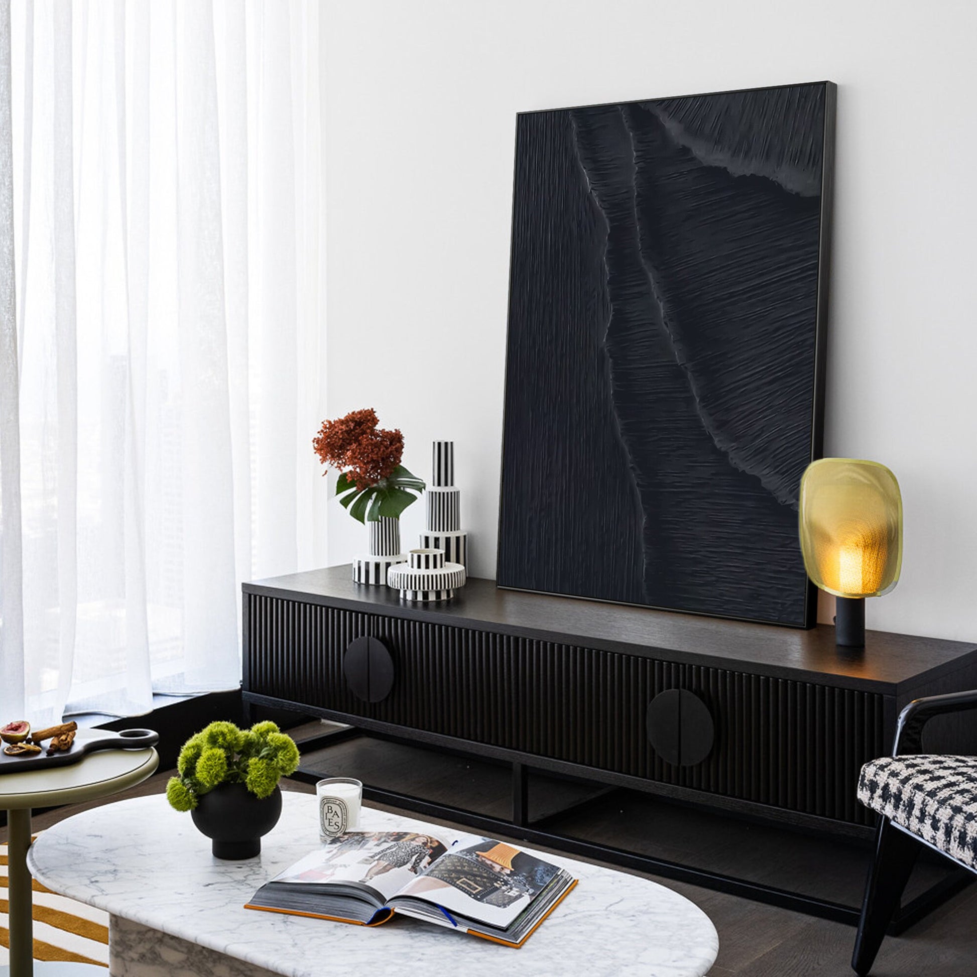 Textured Matte Black Sea Waves Painting: Extra Large Minimalist Framed Canvas #2
