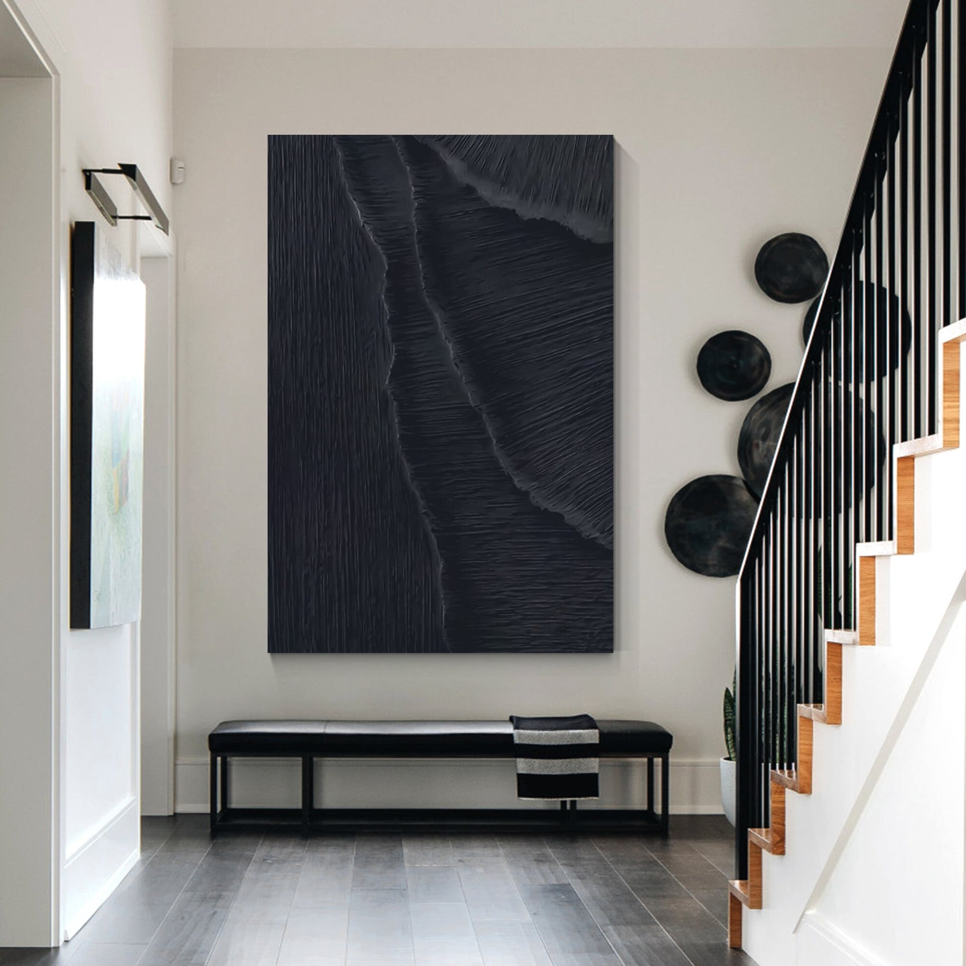 Textured Matte Black Sea Waves Painting: Extra Large Minimalist Framed Canvas #3