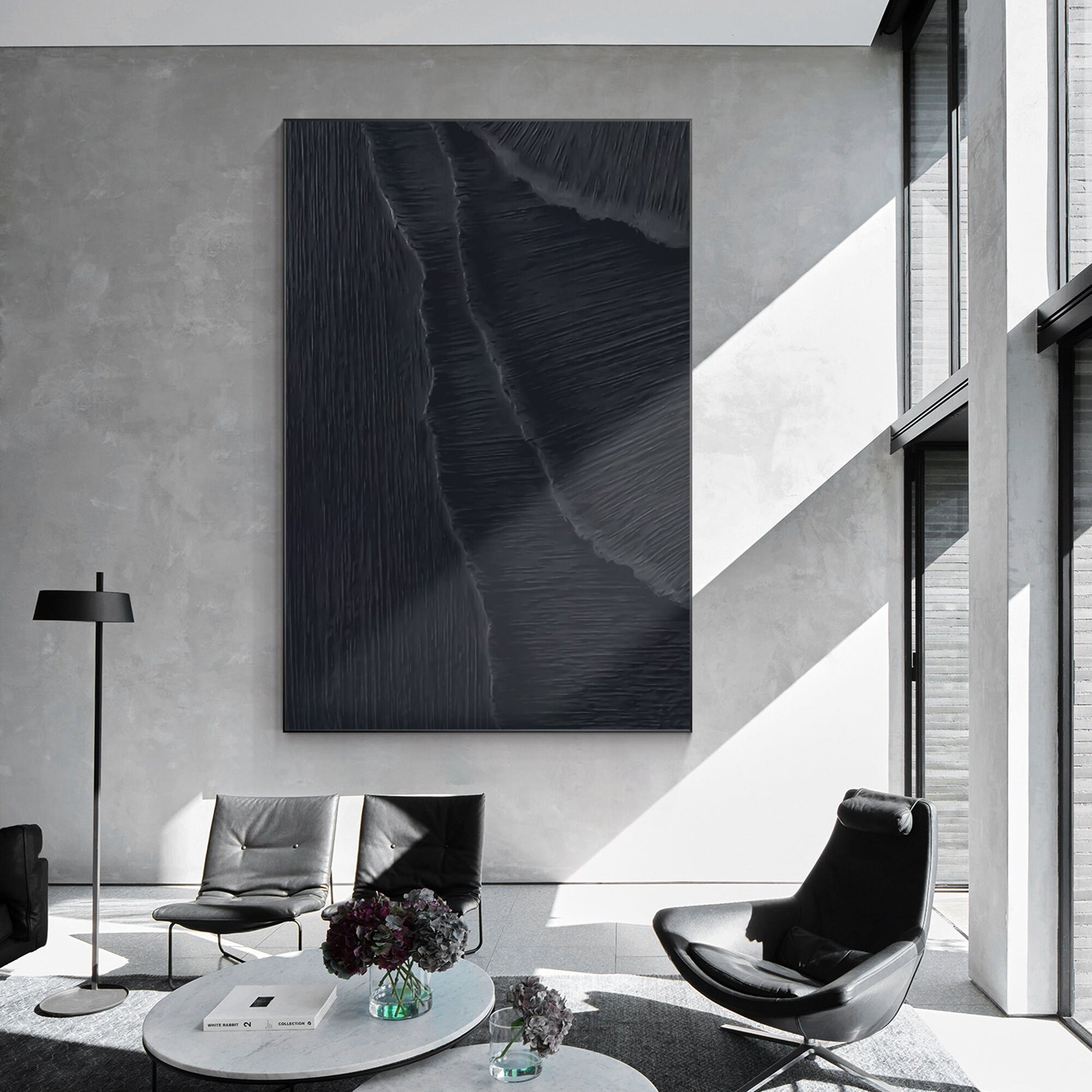 Textured Matte Black Sea Waves Painting: Extra Large Minimalist Framed Canvas #4