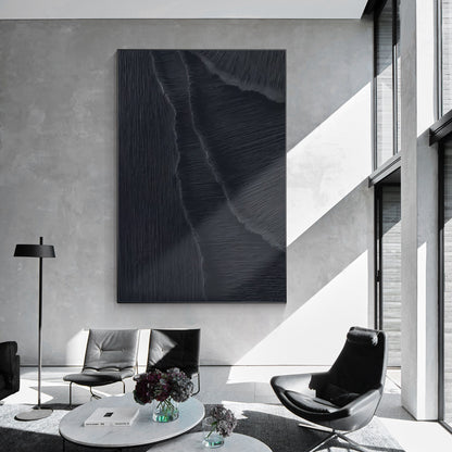 Textured Matte Black Sea Waves Painting: Extra Large Minimalist Framed Canvas #4