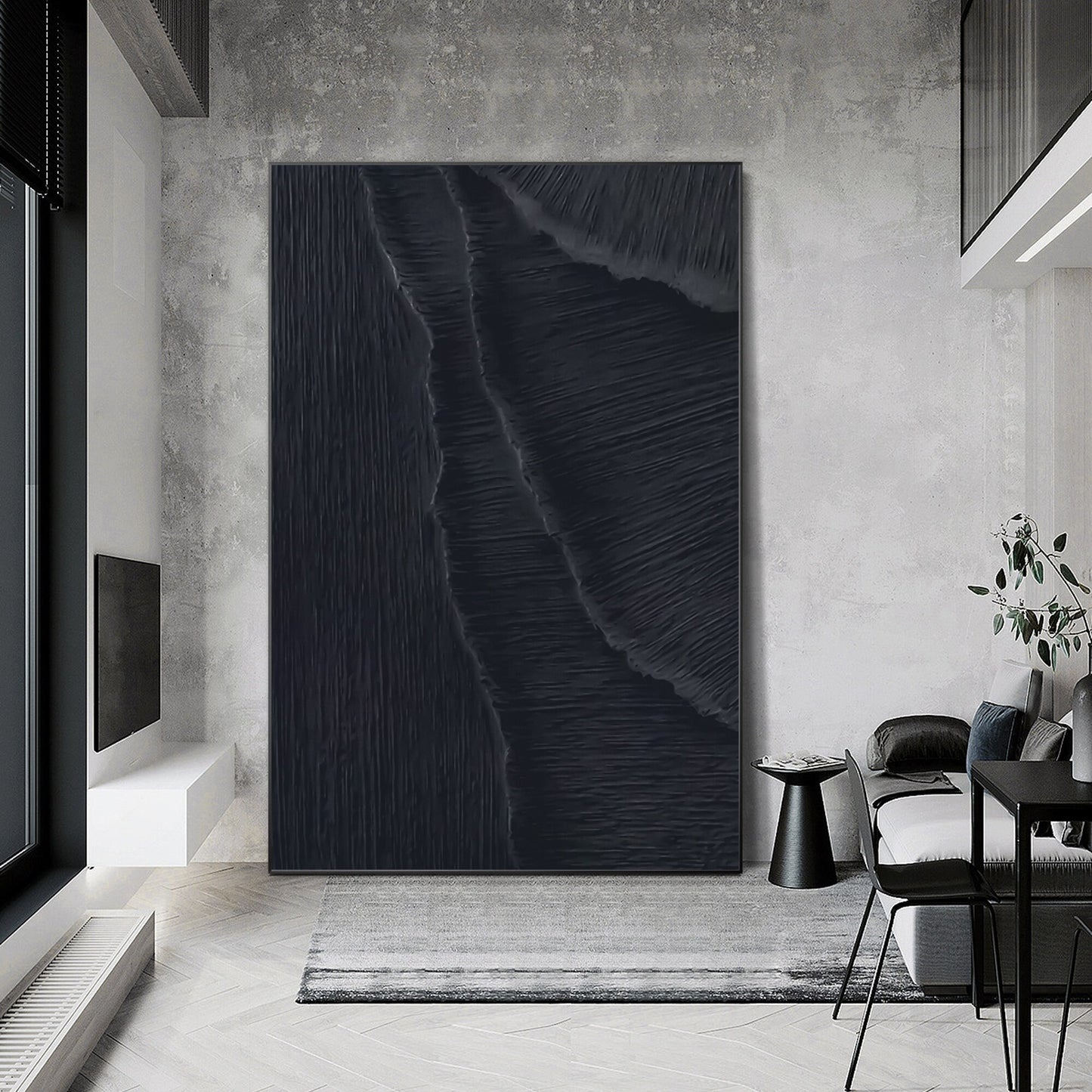 Textured Matte Black Sea Waves Painting: Extra Large Minimalist Framed Canvas #5