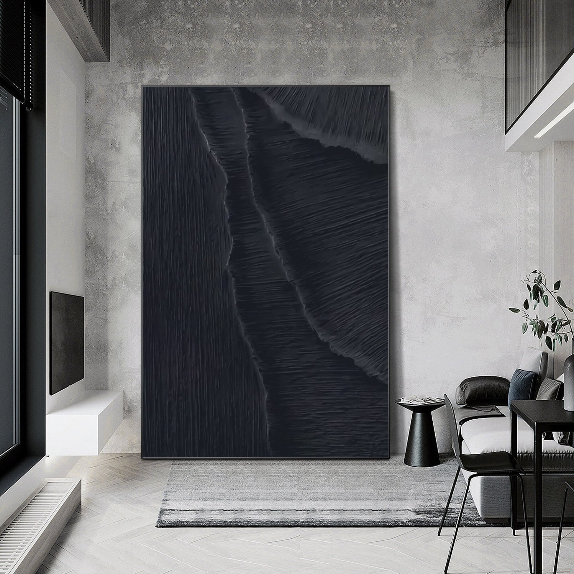 Textured Matte Black Sea Waves Painting: Extra Large Minimalist Framed Canvas #5