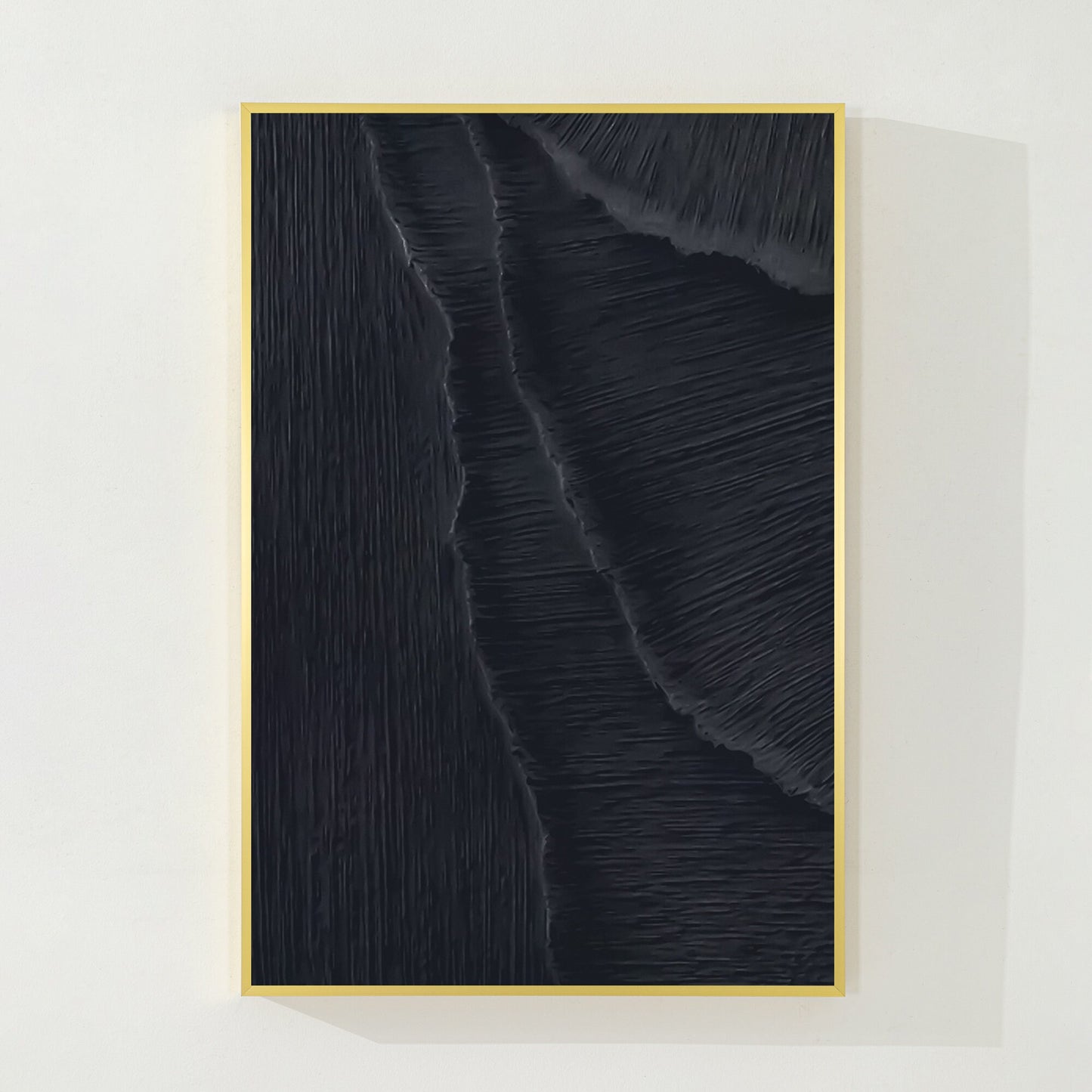 Textured Matte Black Sea Waves Painting: Extra Large Minimalist Framed Canvas #7