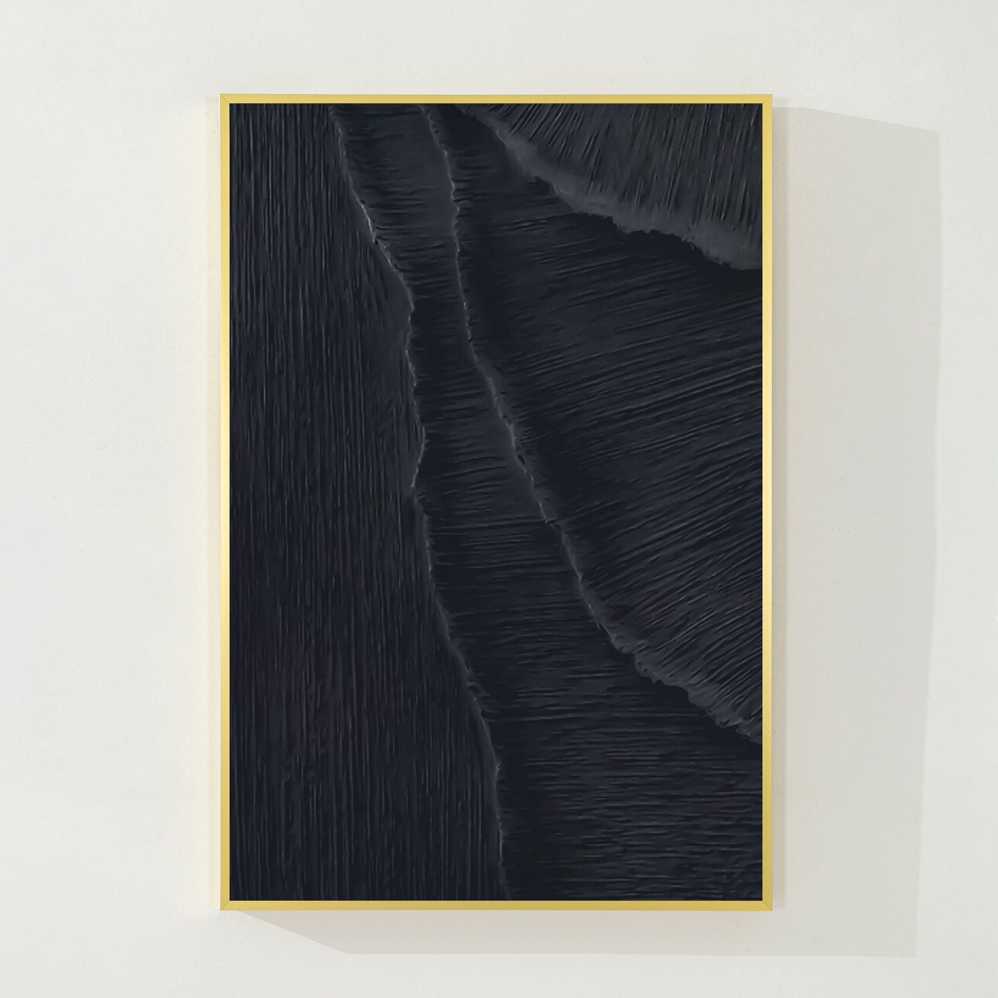 Textured Matte Black Sea Waves Painting: Extra Large Minimalist Framed Canvas #7