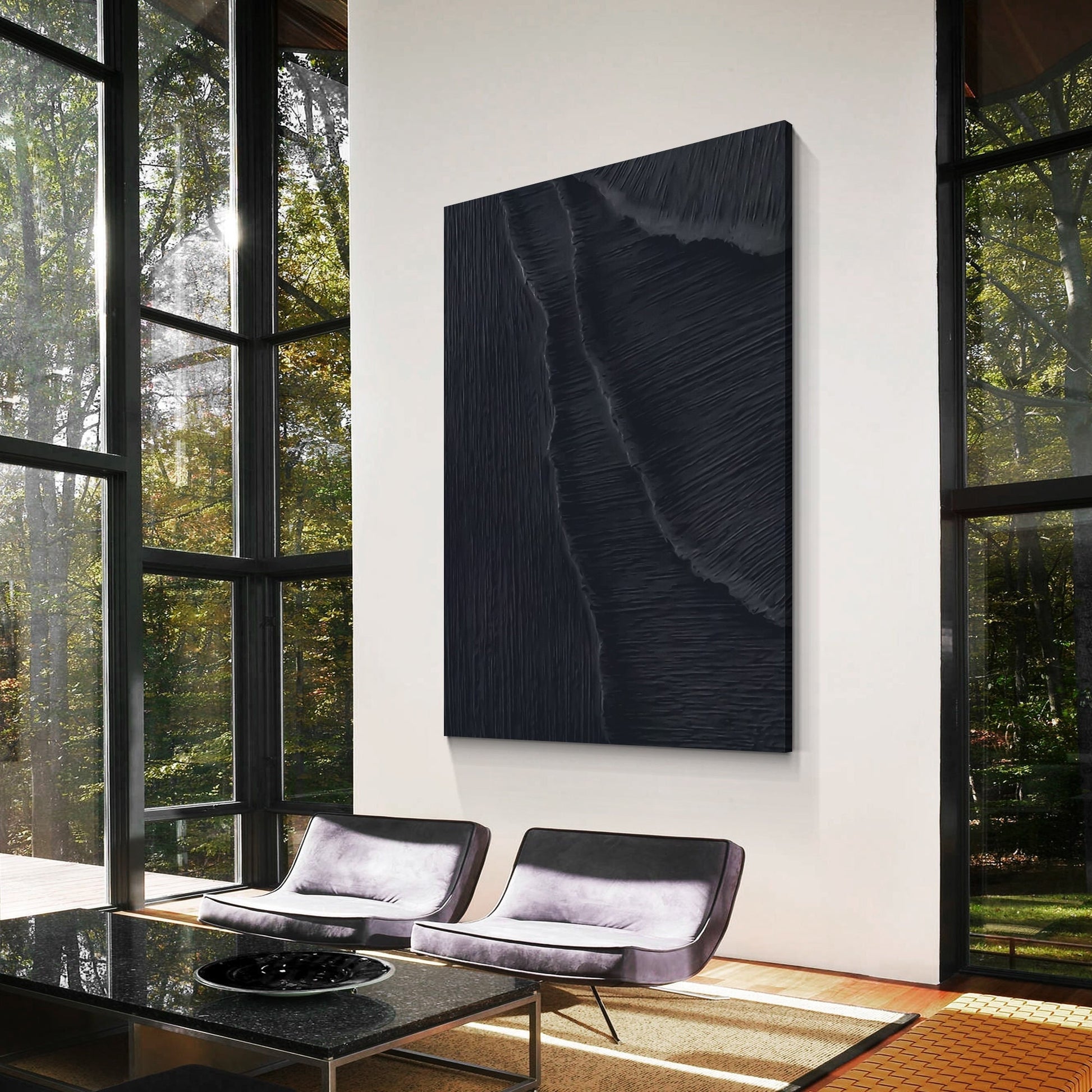 Textured Matte Black Sea Waves Painting: Extra Large Minimalist Framed Canvas #1