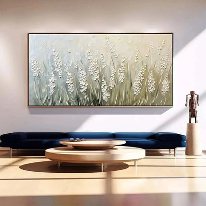 TEXTURED MEADOW: Textured Floral Landscape Painting in Green and White | Landscape closeup, raised brushwork detail