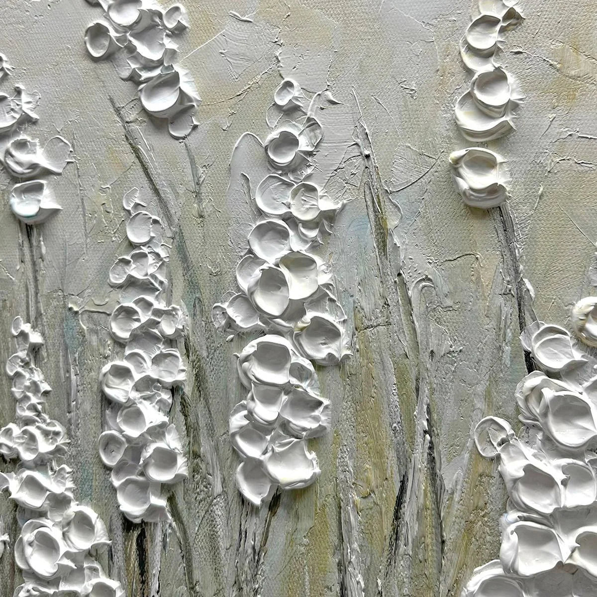 TEXTURED MEADOW: Textured Floral Landscape Painting in Green and White | rectangular format, hand-painted canvas edge