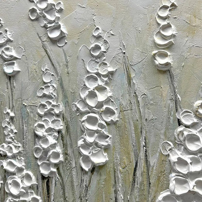 TEXTURED MEADOW: Textured Floral Landscape Painting in Green and White | rectangular format, hand-painted canvas edge