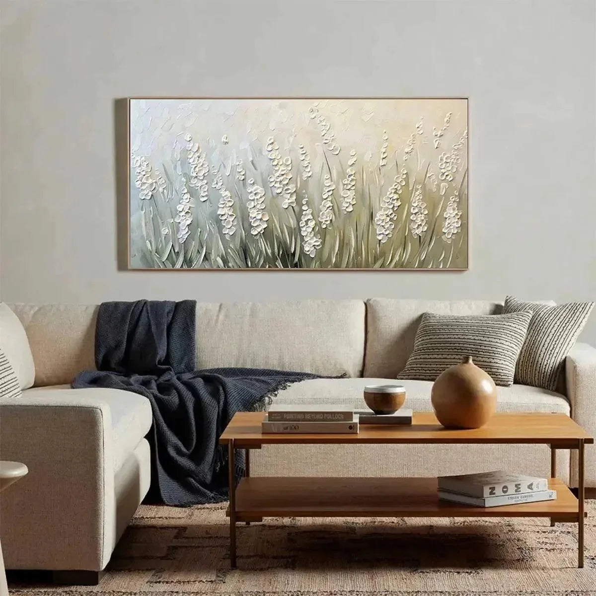 TEXTURED MEADOW: Textured Floral Landscape Painting in Green and White | gold frame stretched on neutral wall