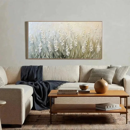 TEXTURED MEADOW: Textured Floral Landscape Painting in Green and White | gold frame stretched on neutral wall