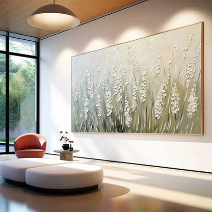 TEXTURED MEADOW: Textured Floral Landscape Painting in Green and White | rolled canvas, ready for custom framing