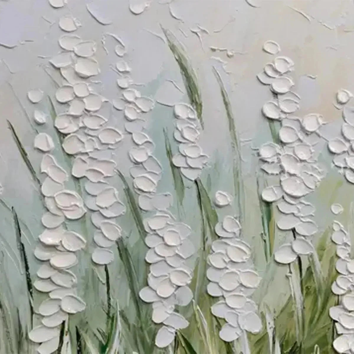 TEXTURED MEADOW: Textured Floral Landscape Painting in Green and White | black frame version on white wall