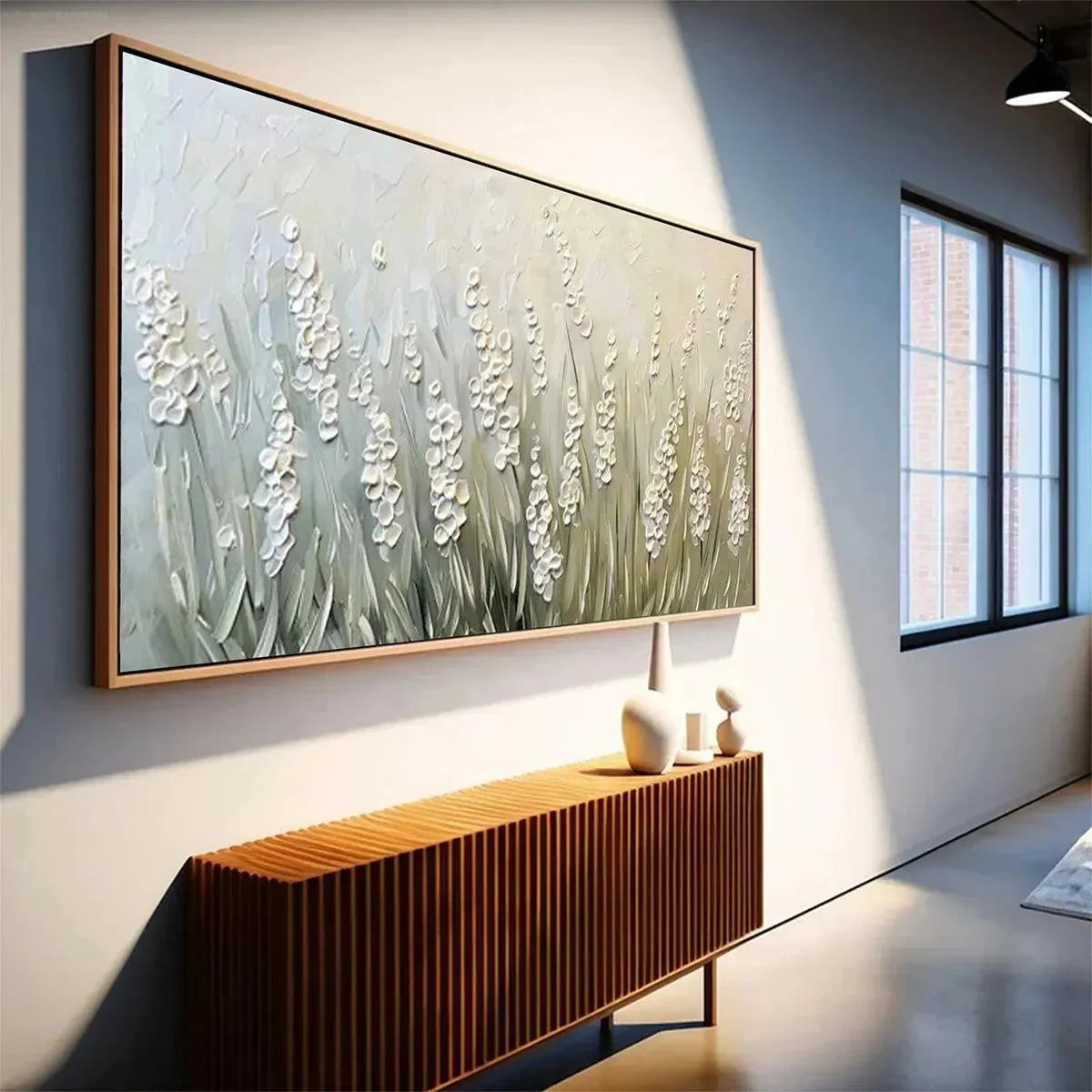 TEXTURED MEADOW: Textured Floral Landscape Painting in Green and White | Landscape mood, soft natural light studio shot