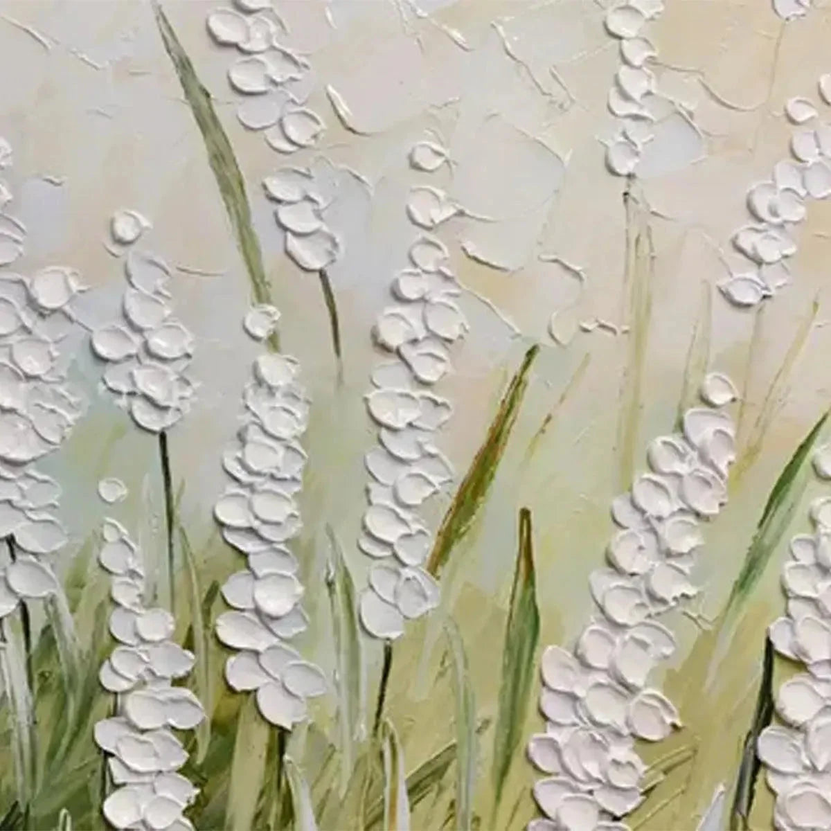 TEXTURED MEADOW: Textured Floral Landscape Painting in Green and White | green palette, original oil on stretched canvas art