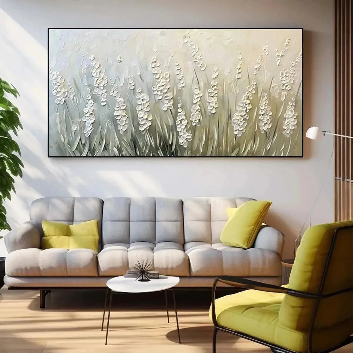 TEXTURED MEADOW: Textured Floral Landscape Painting in Green and White | texture detail, palette knife marks visible