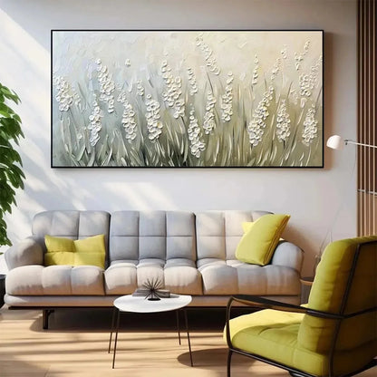 TEXTURED MEADOW: Textured Floral Landscape Painting in Green and White | texture detail, palette knife marks visible