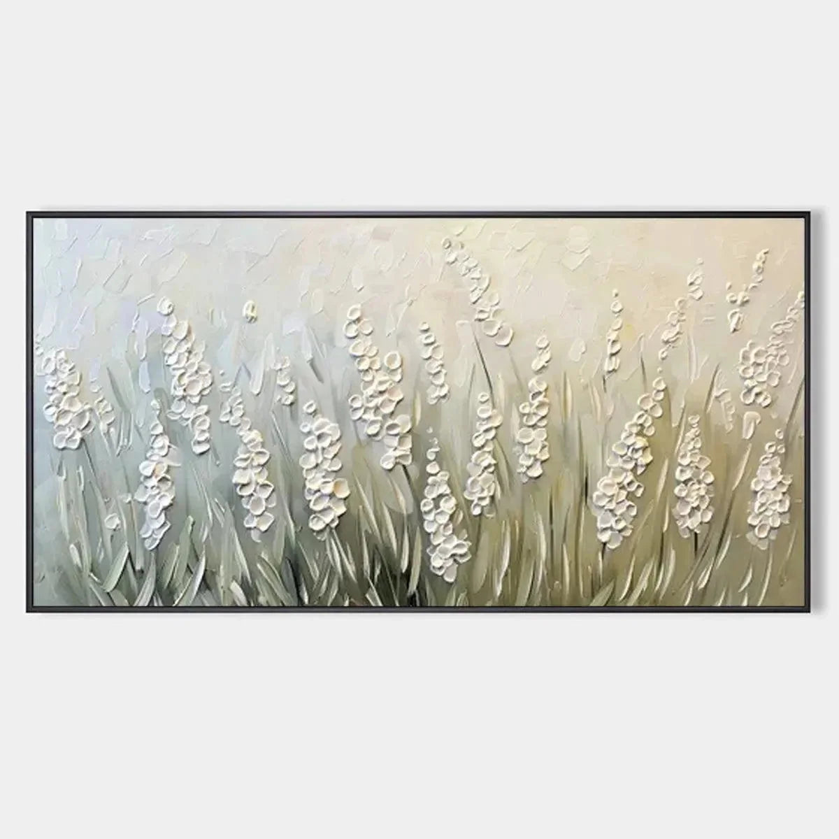 TEXTURED MEADOW: Textured Floral Landscape Painting in Green and White | hanging in living room, Landscape wall art