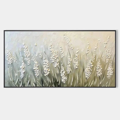 TEXTURED MEADOW: Textured Floral Landscape Painting in Green and White | hanging in living room, Landscape wall art