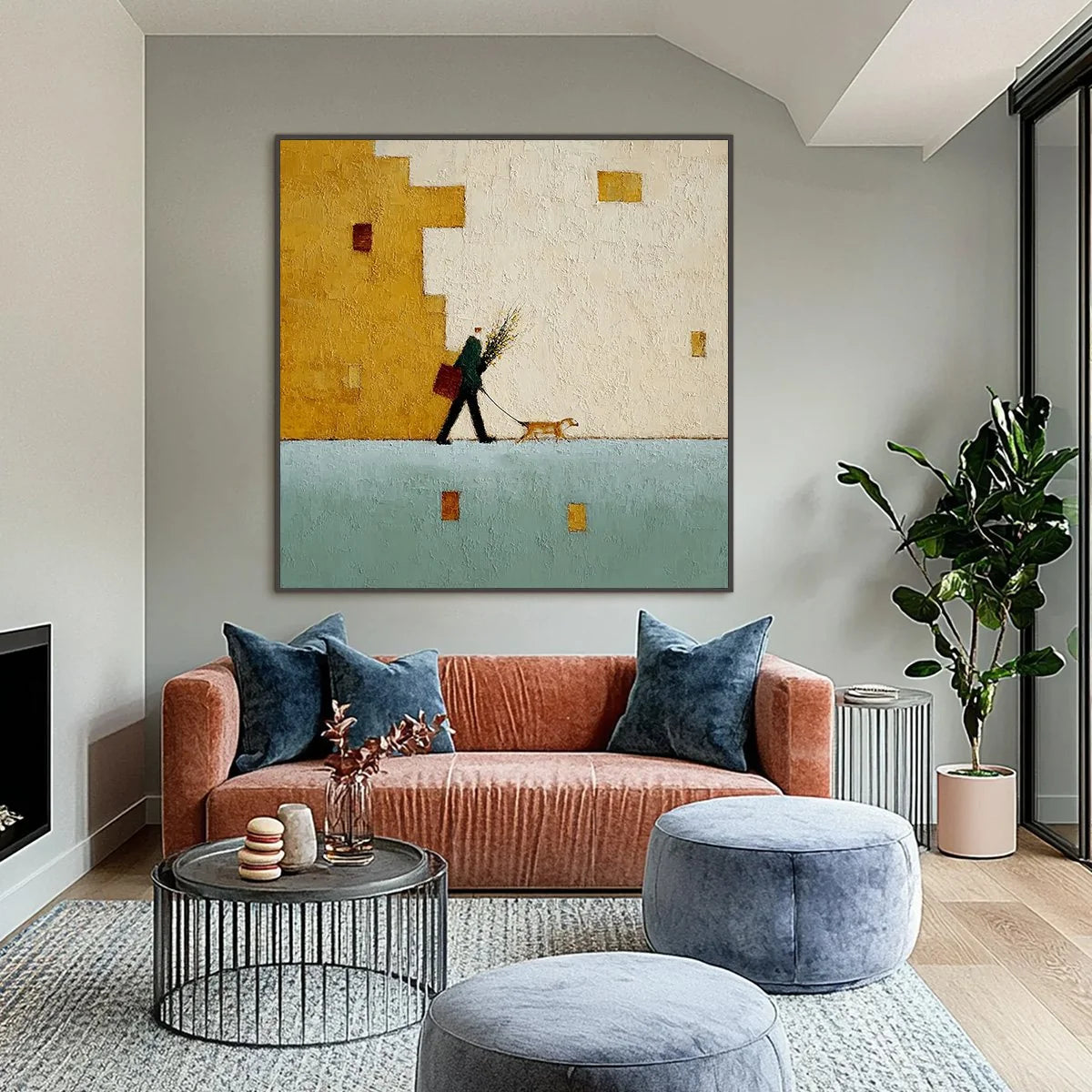 URBAN STROLL: Textured Minimalist Cityscape Painting of a Person Walking a Dog | Minimalist closeup, raised brushwork detail