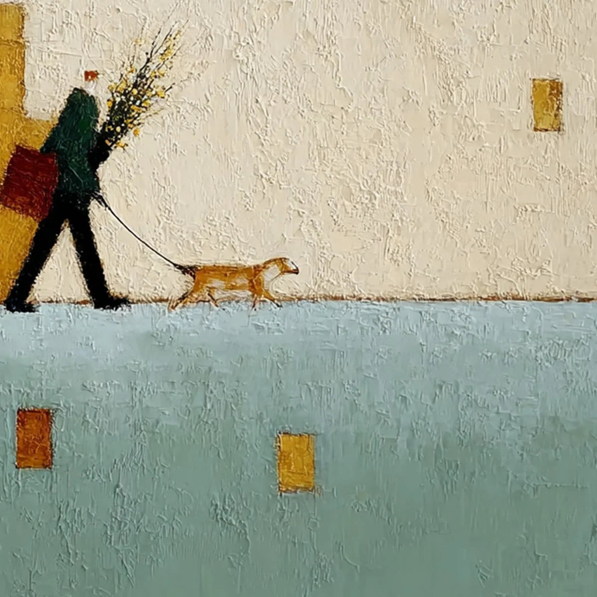 URBAN STROLL: Textured Minimalist Cityscape Painting of a Person Walking a Dog | rectangular format, hand-painted canvas edge
