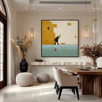 URBAN STROLL: Textured Minimalist Cityscape Painting of a Person Walking a Dog | gold frame stretched on neutral wall