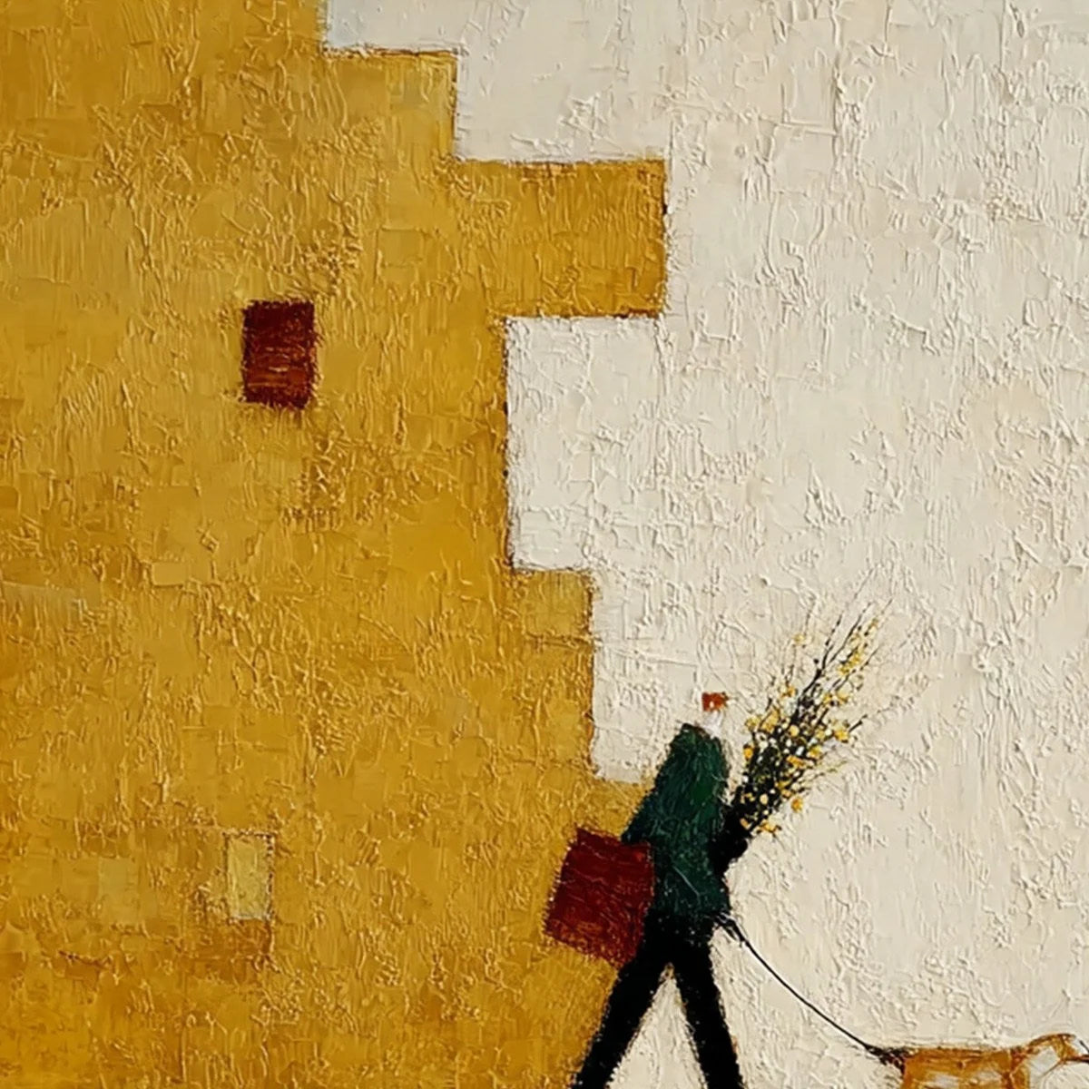 URBAN STROLL: Textured Minimalist Cityscape Painting of a Person Walking a Dog | rolled canvas, ready for custom framing