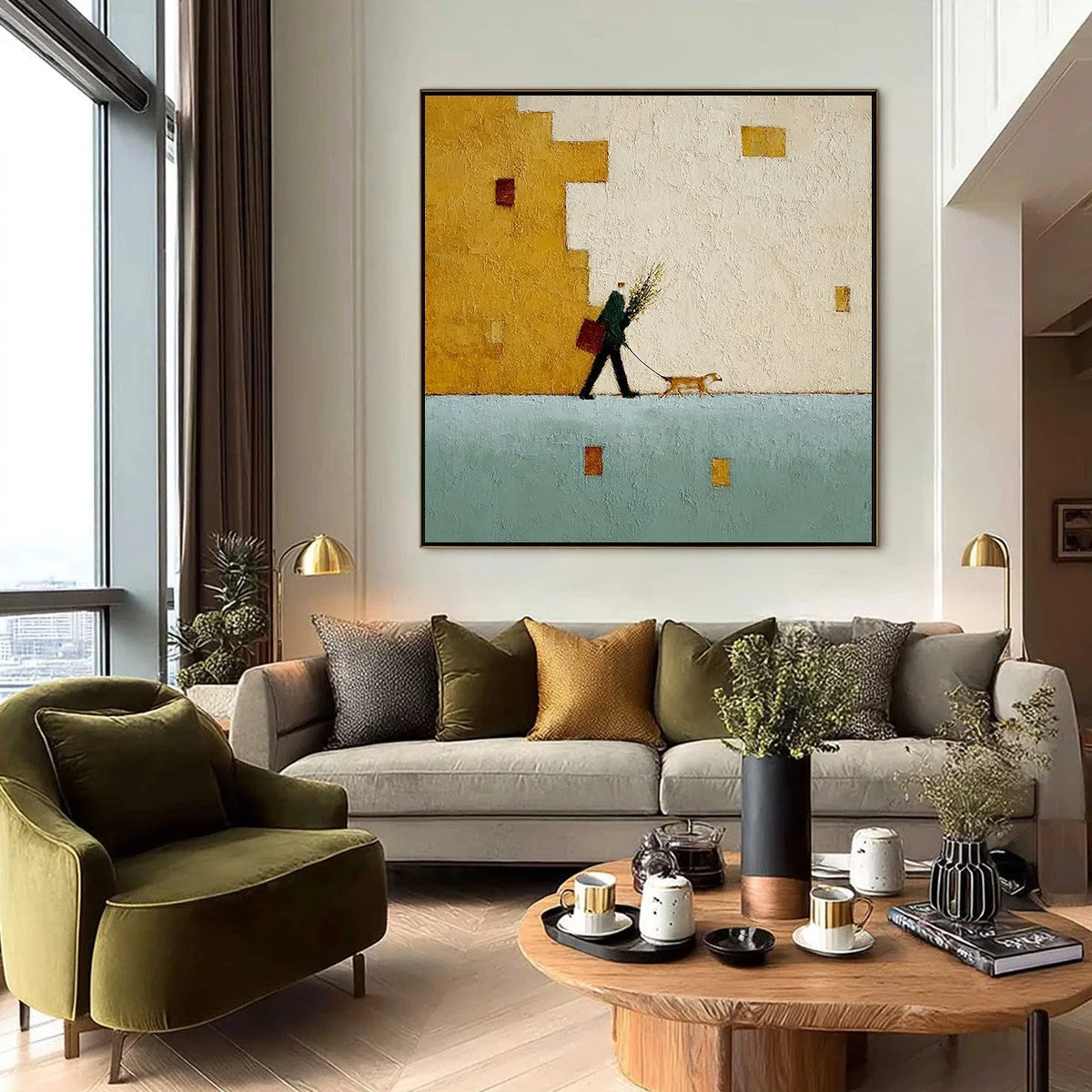 URBAN STROLL: Textured Minimalist Cityscape Painting of a Person Walking a Dog | black frame version on white wall
