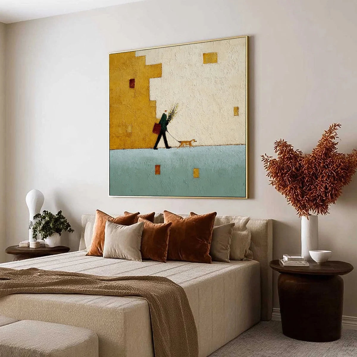 URBAN STROLL: Textured Minimalist Cityscape Painting of a Person Walking a Dog | Minimalist mood, soft natural light studio shot